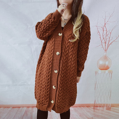 Damen Strickjacke Zopfmuster Große Knöpfe Beige