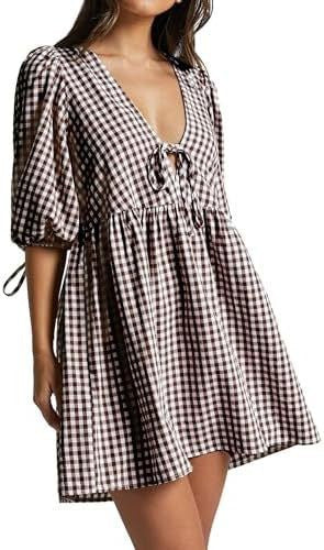 Damen Freizeitkleid V-Ausschnitt Puffärmel Norvielle