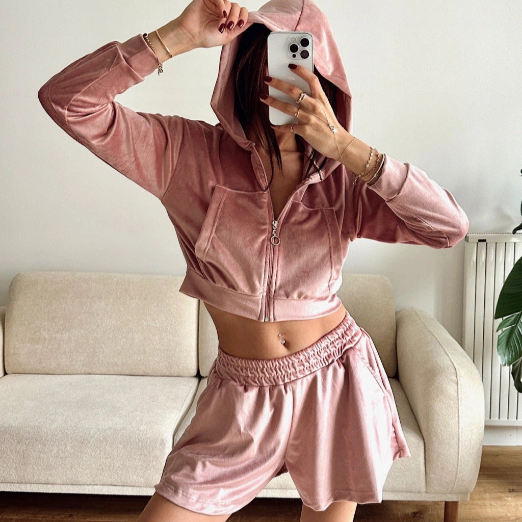 Damen Fleece-Set Cropped Hoodie Bequeme Shorts - Norvielle