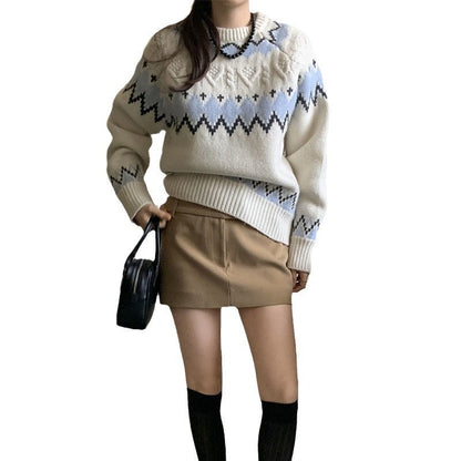 Damen Strickpullover Gemustert Rundhals Komfortschnitt Norvielle