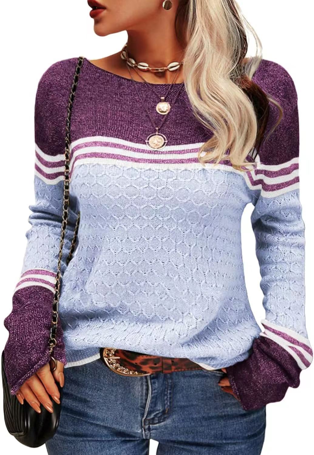 Damen Strickpullover Kontrastfarben Einzigartige Textur Norvielle