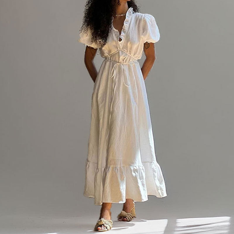 Damen Maxikleid Wickeloptik Rüschensaum Norvielle