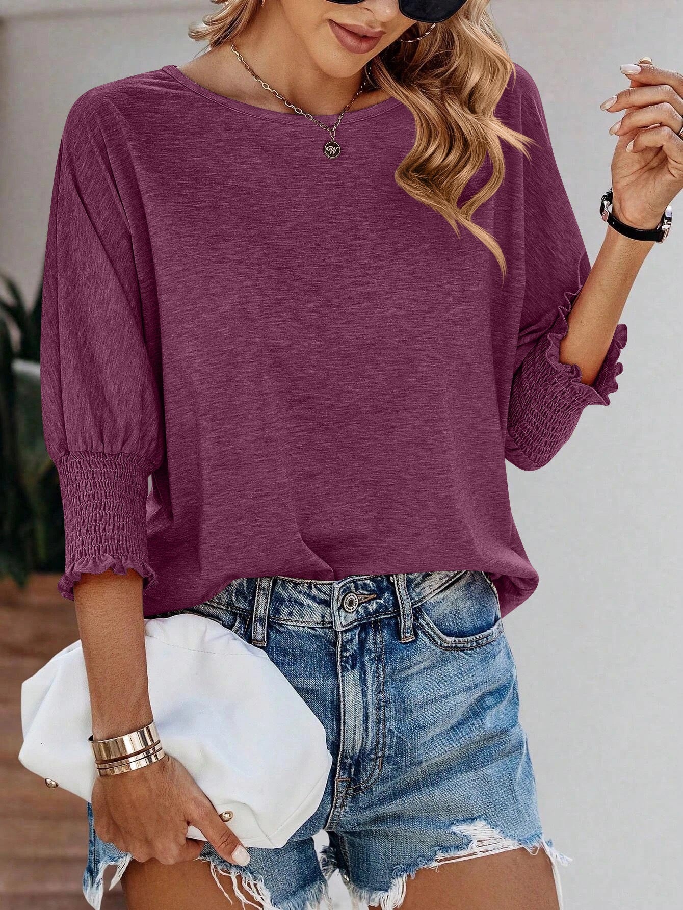 Damen Shirt mit Ballonärmeln Rüschendetails Norvielle