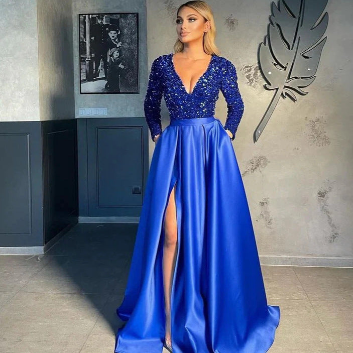 Damen Abendkleid Pailletten Hochschlitz Norvielle