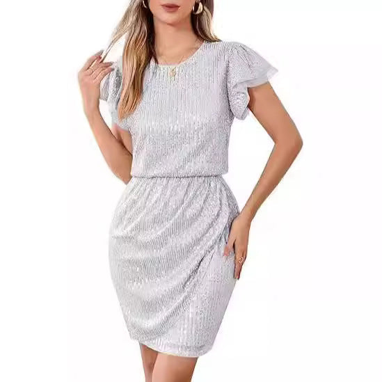 Damen Cocktailkleid Pailletten Voluminöse Rüschenärmel Norvielle