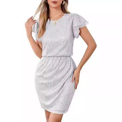Damen Cocktailkleid Pailletten Voluminöse Rüschenärmel Norvielle