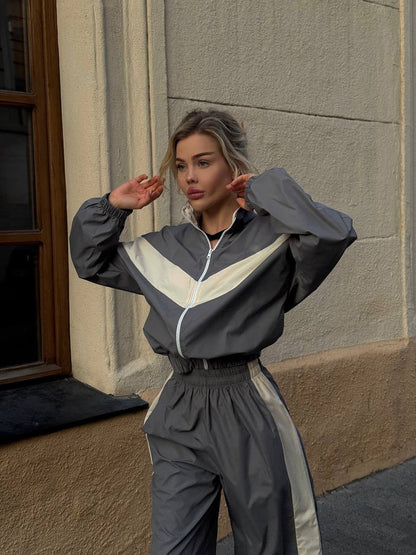 Damen Windbreaker Sportlich Hochkragen Kontraststreifen