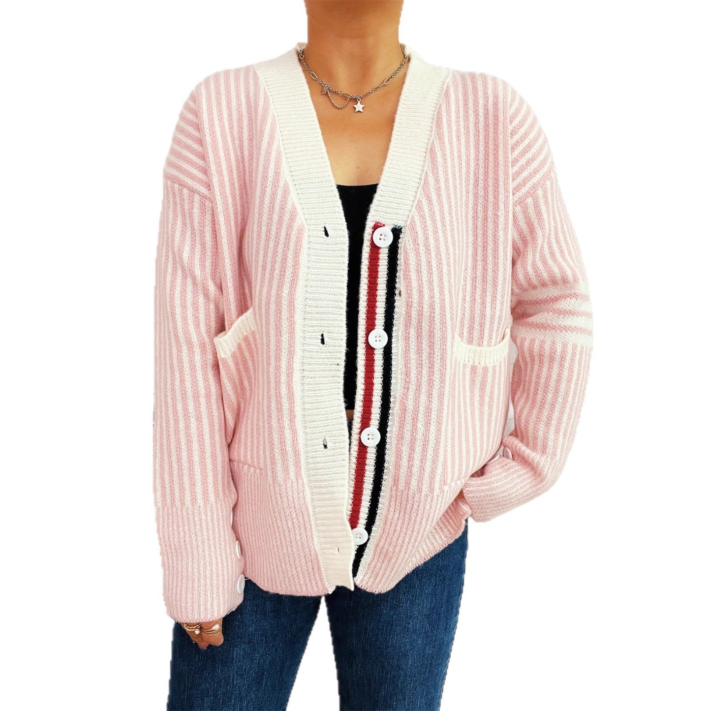 Damen Strickcardigan Streifenmuster mit Taschen und Knöpfen Beige