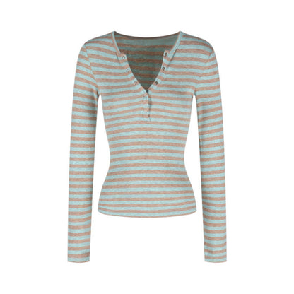 Damen Langarmshirt Streifenmuster Knopfleiste Norvielle