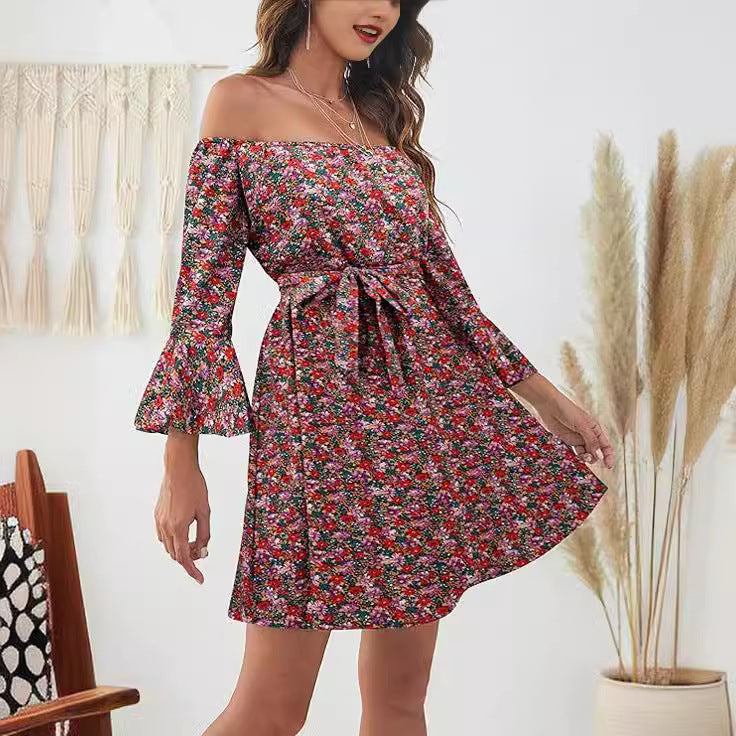 Damen Off-Shoulder-Kleid Bunt Muster