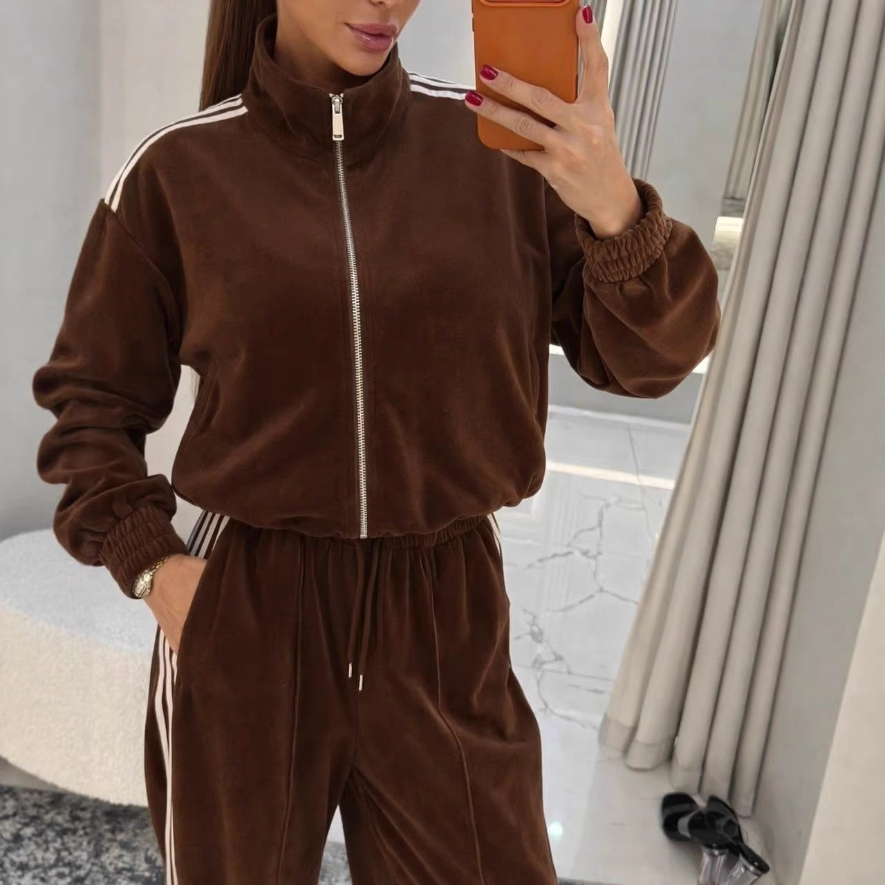 Damen Velours Jogginganzug Hochgeschlossener Kragen Elastischer Bund