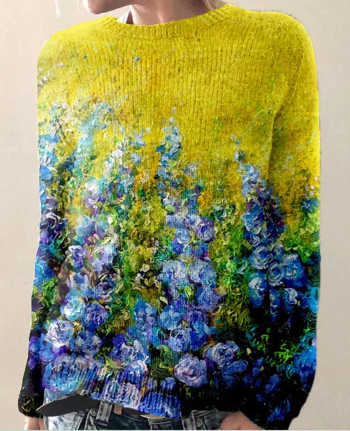 Damen Sweatshirt Wollgefühl Lockerschnitt Floral Bestickt Langarm