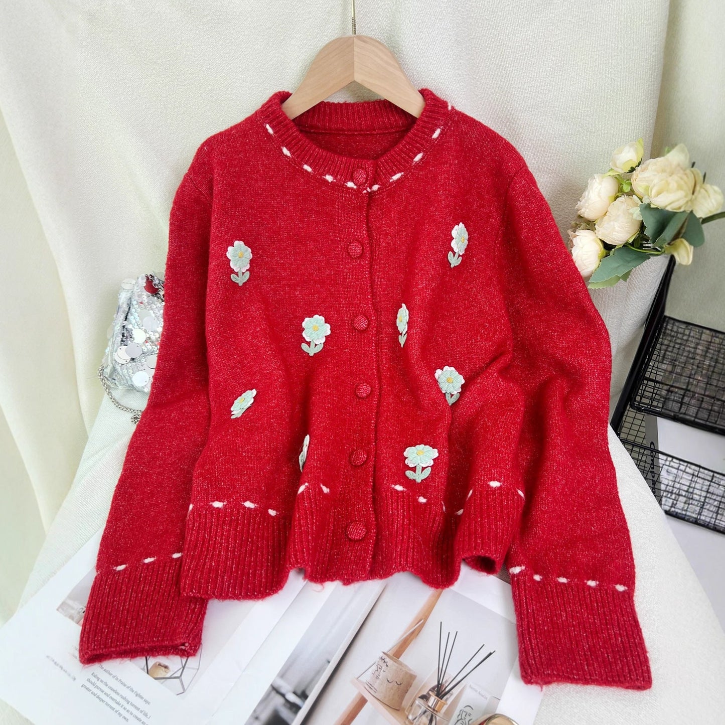 Damen Strickjacke Florales Muster Knopfverschluss Norvielle
