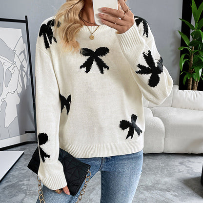 Damen Pullover Gestrickt Schleifenmuster Beige