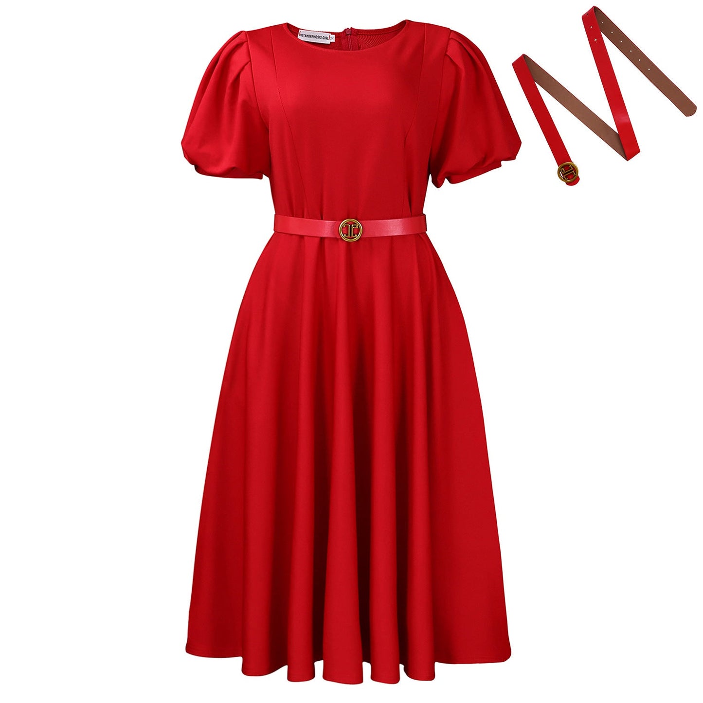 Damen Midi-Kleid Puffärmel Taillengürtel