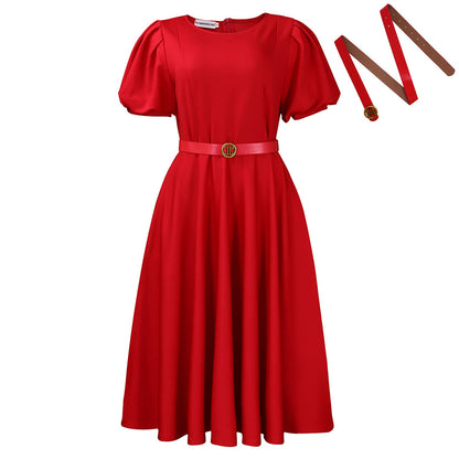 Damen Midi-Kleid Puffärmel Taillengürtel