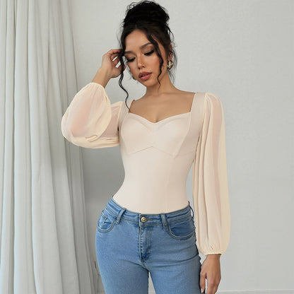 Damen Stretch-Bodysuit Puffärmel V-Ausschnitt