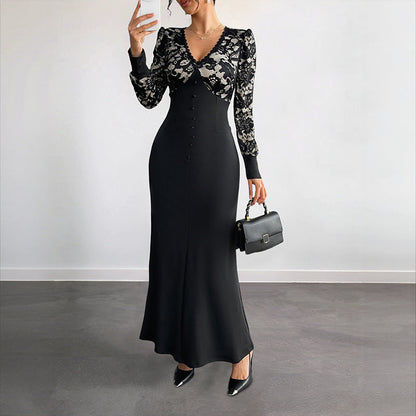 Damen Maxikleid Spitze Tailliert Norvielle