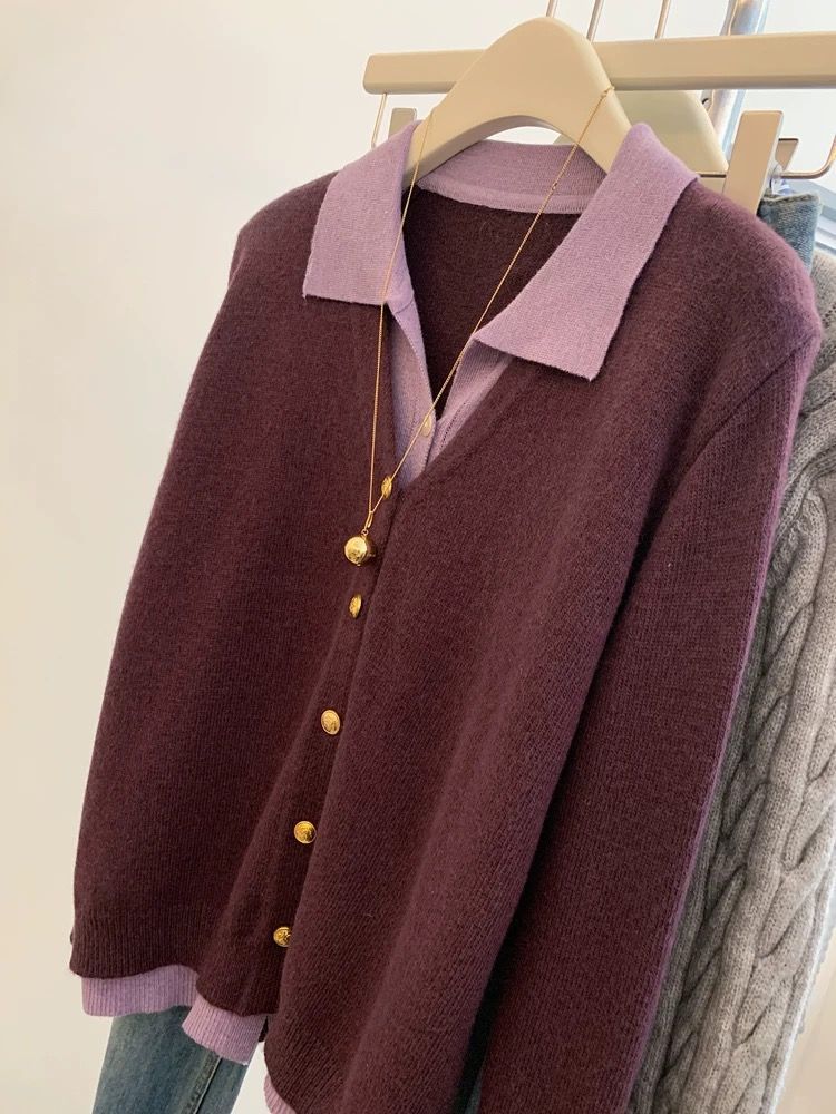 Damen Strickjacke Elegant Kragen Große Knöpfe Beige