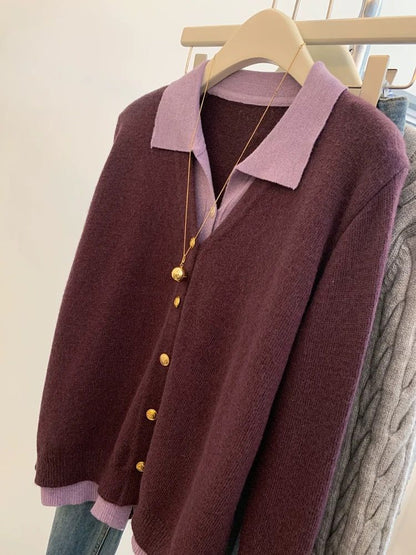 Damen Strickjacke Elegant Kragen Große Knöpfe Beige