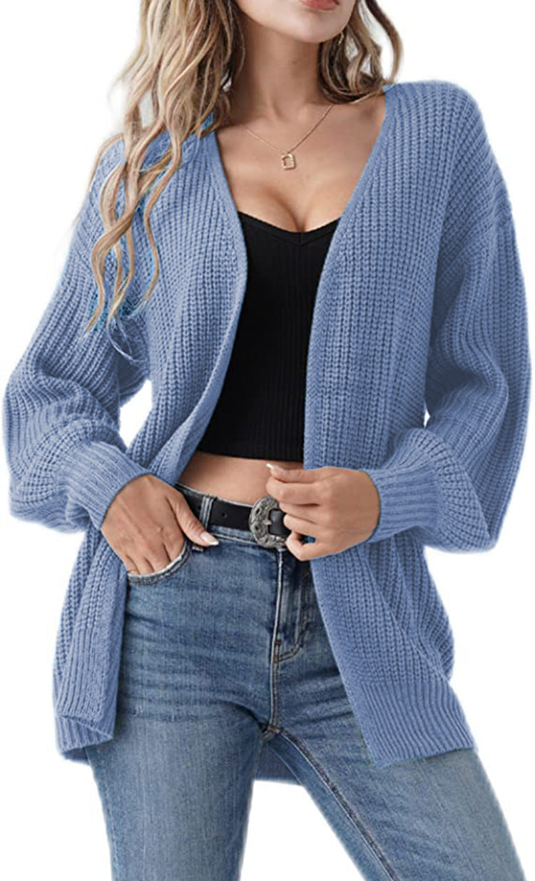 Damen Grobstrick Cardigan Lässig Offene Maschen Beige