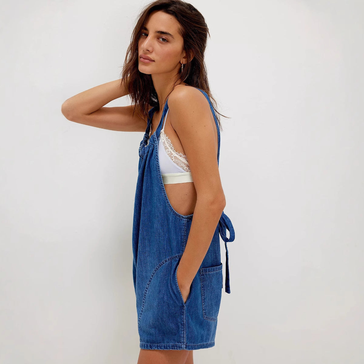 Damen Denim-Shortoverall Geraffter Ausschnitt Seitentaschen