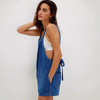 Damen Denim-Shortoverall Geraffter Ausschnitt Seitentaschen