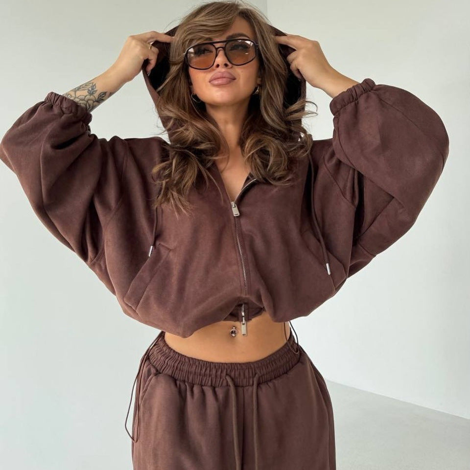 Damen Velours Jogginganzug Set Kapuze Weite Passform Schwarz - Norvielle
