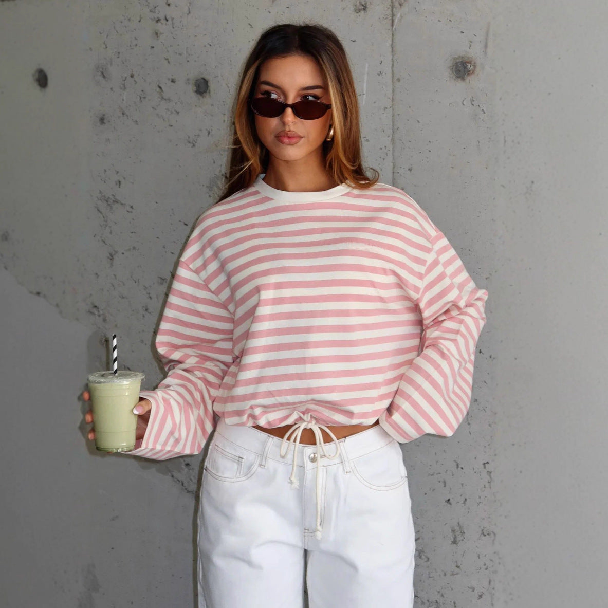 Damen Cropped Sweatshirt Streifen Elastisch Grau