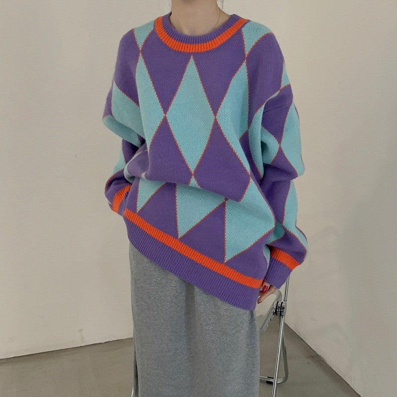 Damen Oversized Strickpullover Geometrisches Muster Farbkontrast
