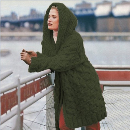 Damen Grobstrick-Cardigan mit Kapuze und Muster