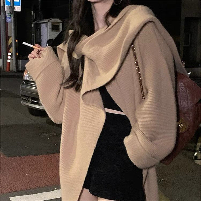 Damen Oversized Strickpullover Weich Asymmetrisch Beige