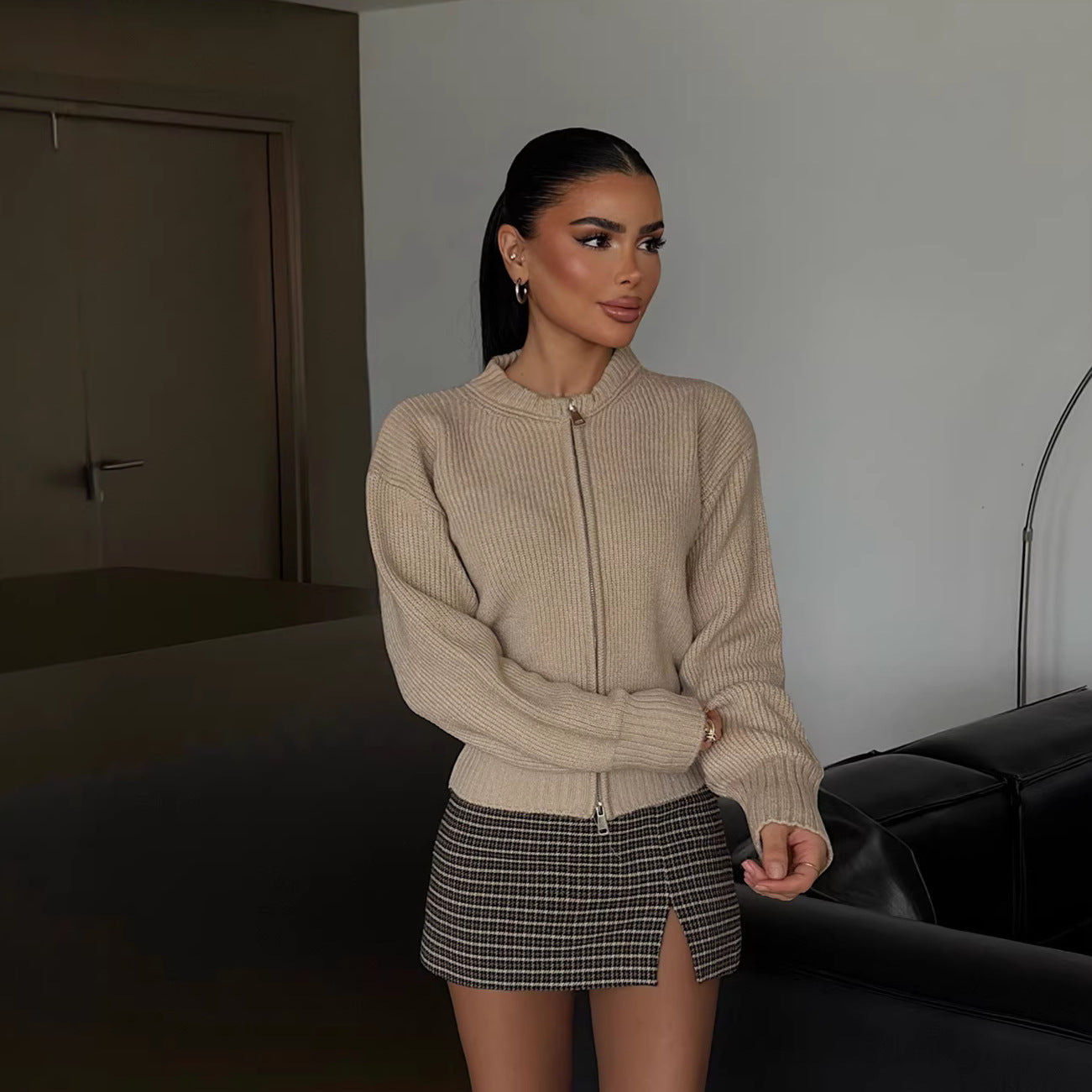 Damen Strickjacke Reißverschluss Breite Bündchen