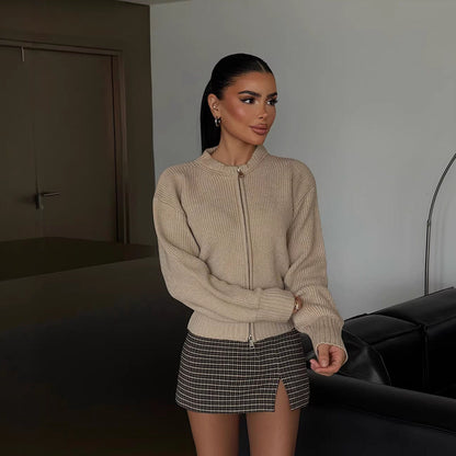 Damen Strickjacke Reißverschluss Breite Bündchen