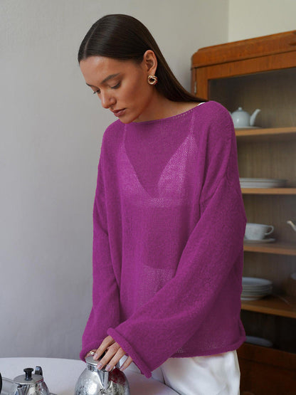 Damen Pullover Lässig Weite Ärmel Feines Lochstrick Beige