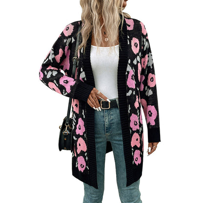 Damen Strickjacke Offener Schnitt Florales Muster Beige