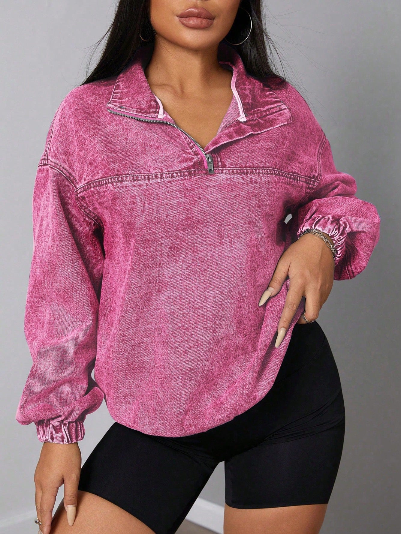 Damen Denim-Pullover Stehkragen Reißverschluss