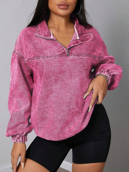 Damen Denim-Pullover Stehkragen Reißverschluss