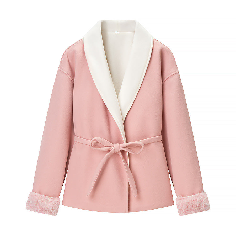 Damen Kuscheljacke Weiches Innenfutter Taillengürtel