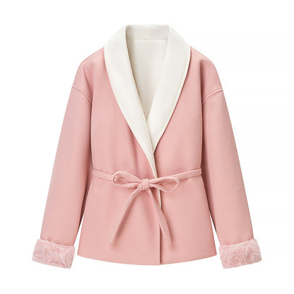 Damen Kuscheljacke Weiches Innenfutter Taillengürtel