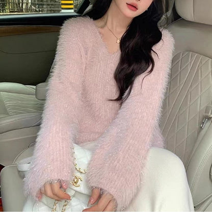 Damen Pullover V-Ausschnitt Glitzerfaden Norvielle
