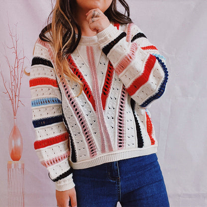 Damen Pullover V-Ausschnitt Strickdesign Bunt