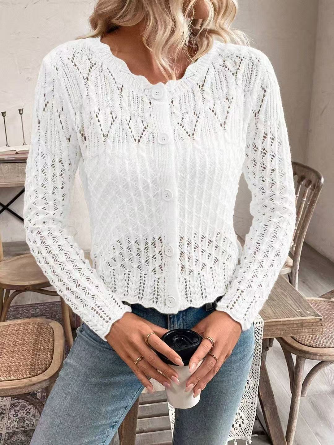 Damen Strickjacke Häkeloptik Knopflos Beige Norvielle