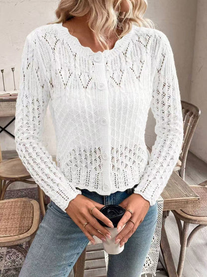 Damen Strickjacke Häkeloptik Knopflos Beige Norvielle
