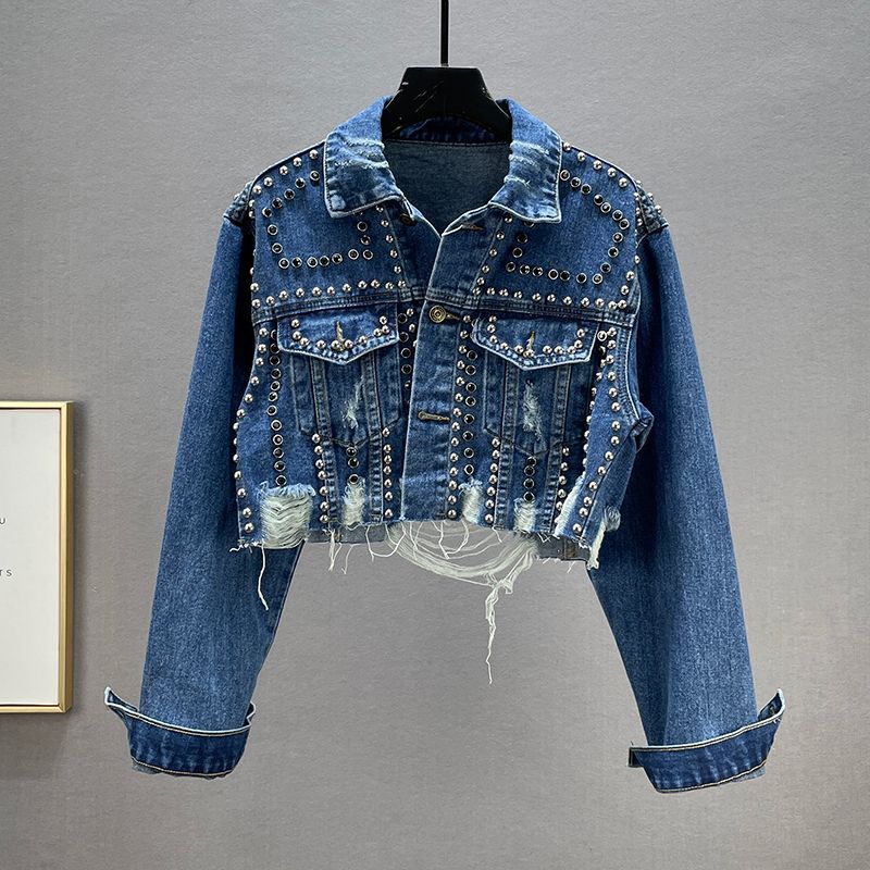 Damen Denimjacke Nieten Fransen Blau - Norvielle