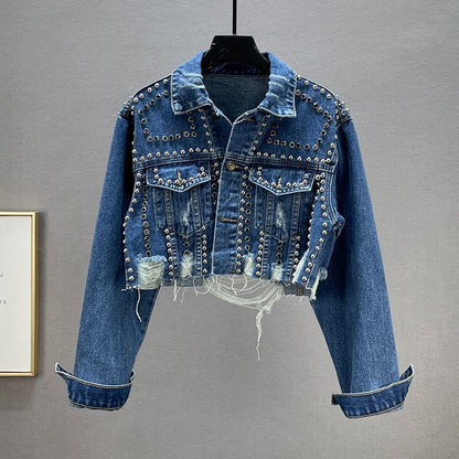 Damen Denimjacke Nieten Fransen Blau - Norvielle