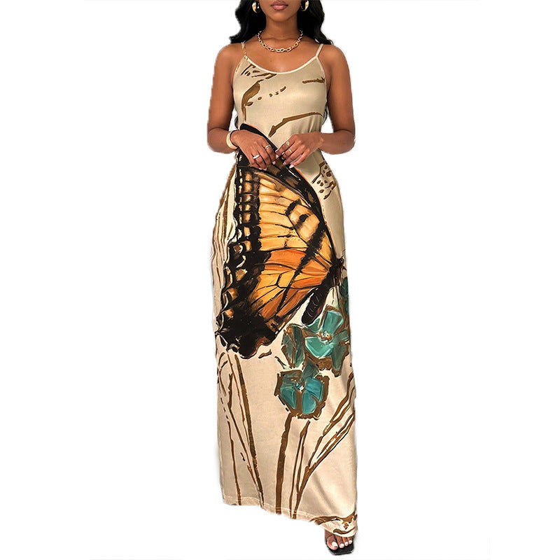Damen Maxikleid Spaghettiträger Schmetterlingsdruck Norvielle