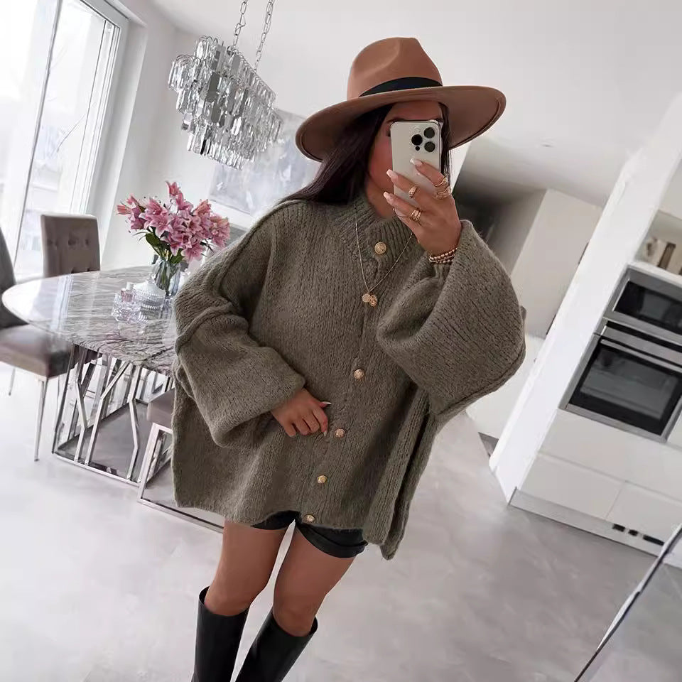 Damen Oversized Strickpullover Voluminöse Ärmel Beige