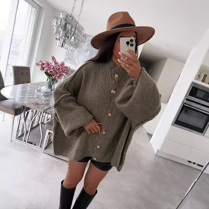 Damen Oversized Strickpullover Voluminöse Ärmel Beige