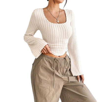 Damen Langarm Crop Rippdesign Abgerundet Norvielle